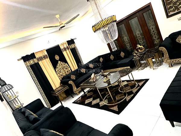 Luxury Black And Golden 7 Seater Sofa Set