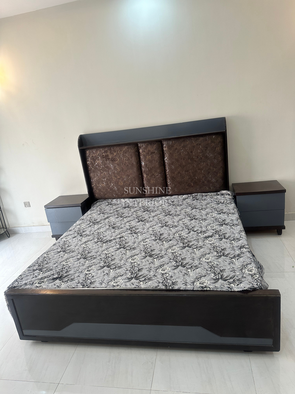 King Size Custom Made Wooden Brown Bed with Side Tables