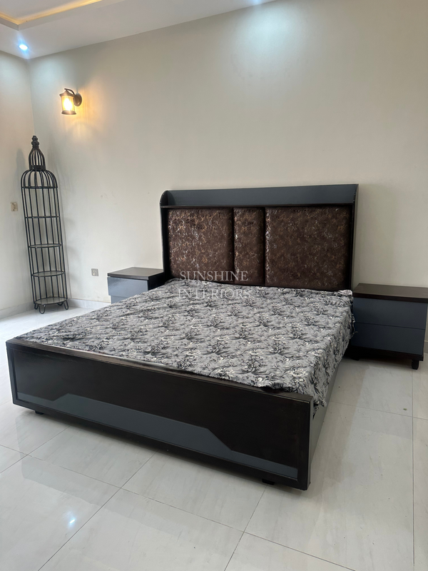 King Size Custom Made Wooden Brown Bed with Side Tables